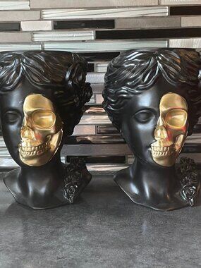 2 - Ashland® 7.5" Golden Skull Mask Candle Holder or book Ends - NEW